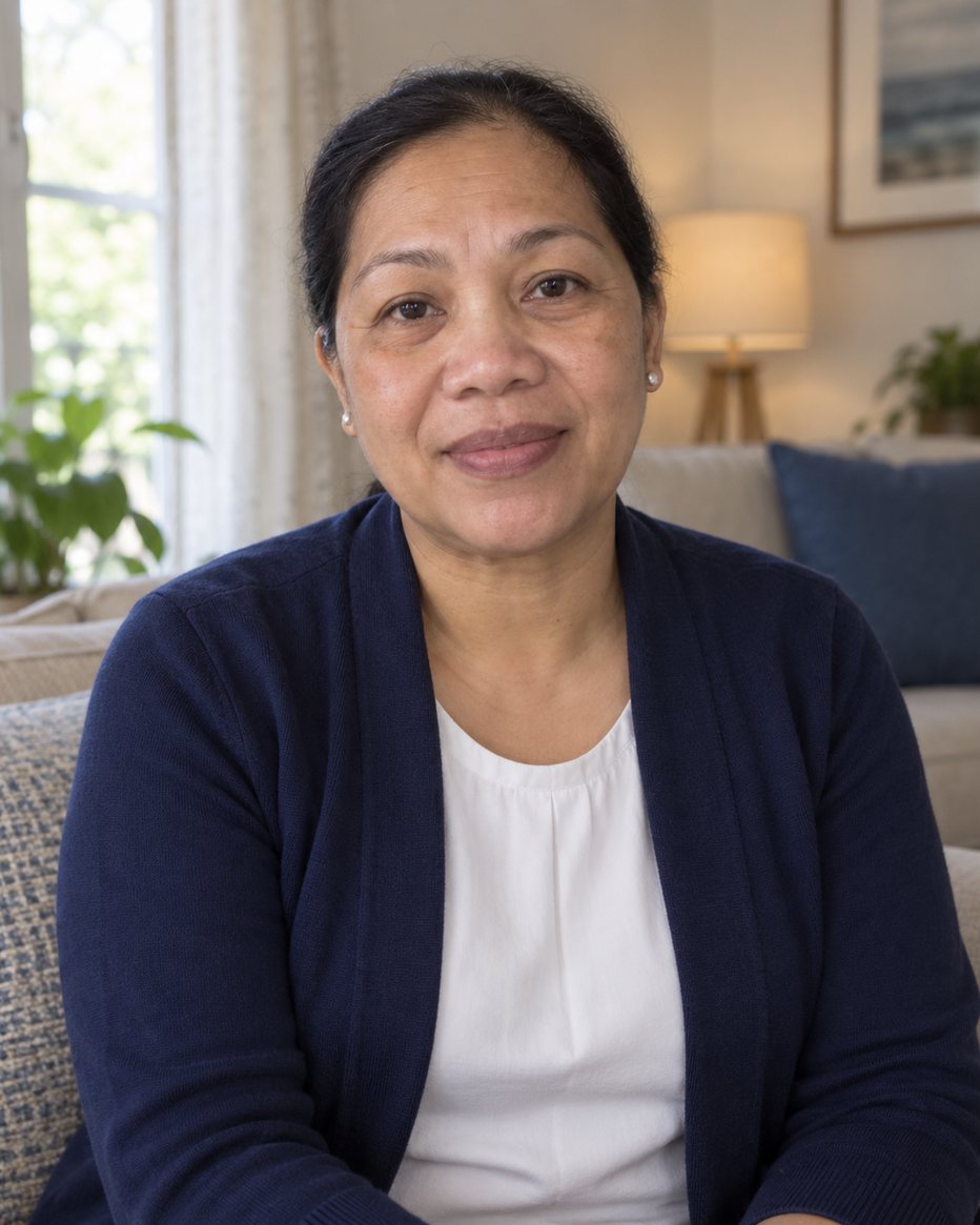 Portrait of Grace Delgado in a navy cardigan, standing in a cruise cabin at turndown
